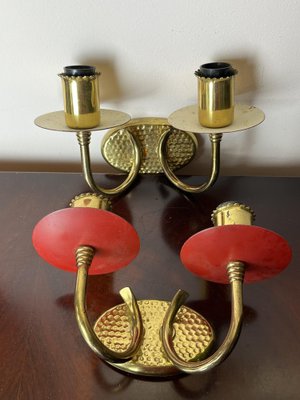 Brass and Colored Aluminum Wall Lamps, Italy, 1950s, Set of 2-YST-1780511