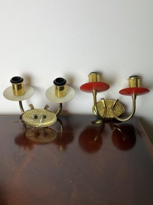 Brass and Colored Aluminum Wall Lamps, Italy, 1950s, Set of 2-YST-1780511