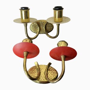 Brass and Colored Aluminum Wall Lamps, Italy, 1950s, Set of 2-YST-1780511