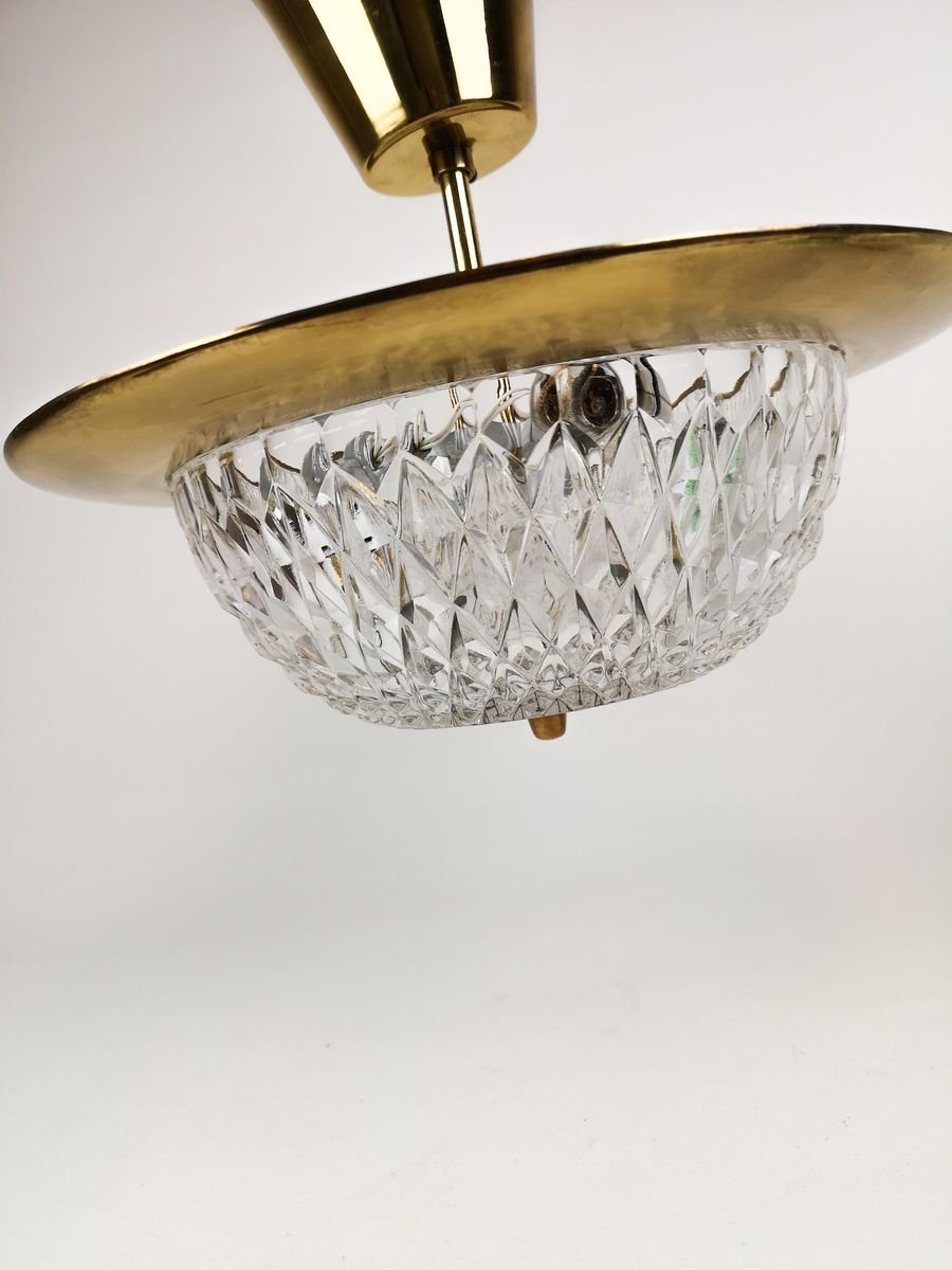 Brass and Crystal Ceiling Lamp by Tyringe Konsthantverk for Orrefors, Sweden,1960s