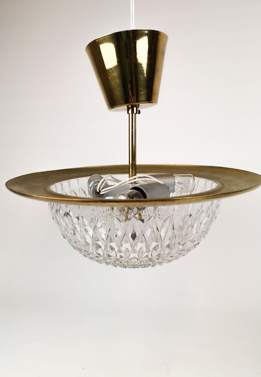 Brass and Crystal Ceiling Lamp by Tyringe Konsthantverk for Orrefors, Sweden,1960s