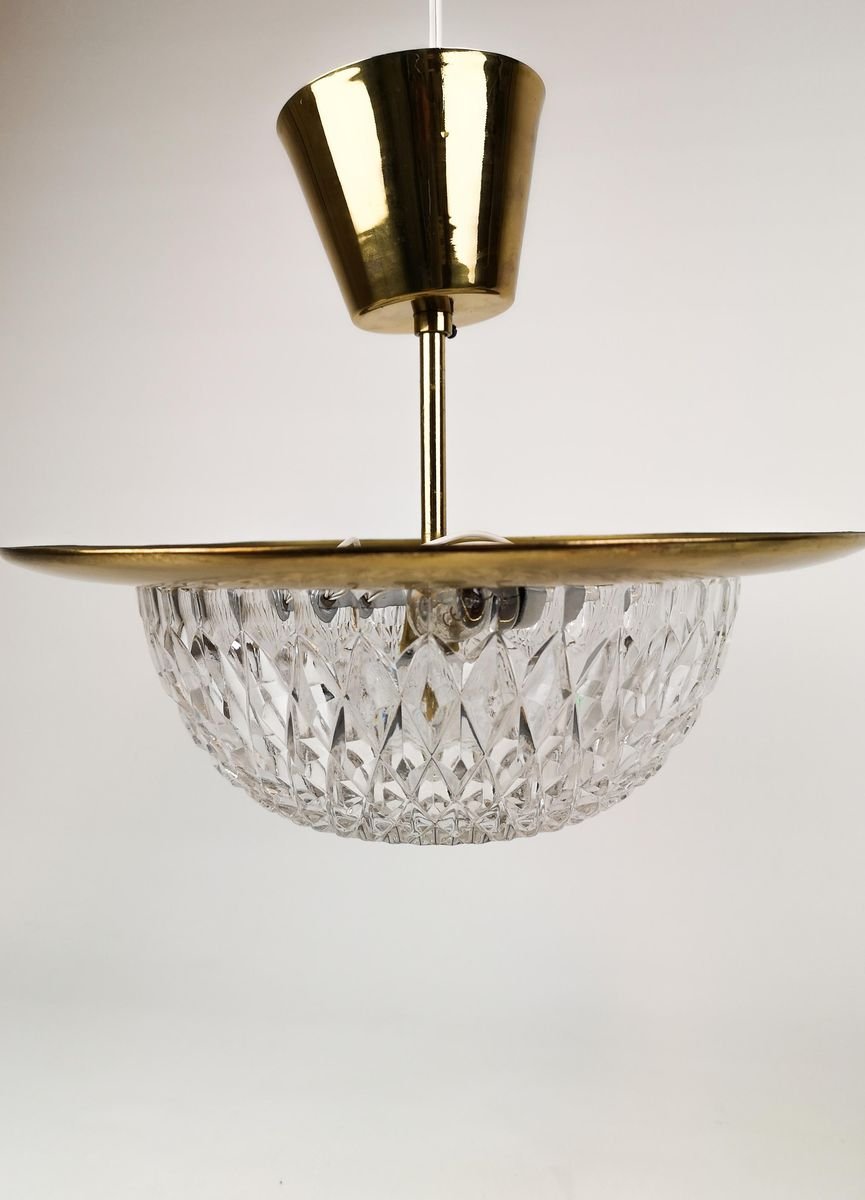 Brass and Crystal Ceiling Lamp by Tyringe Konsthantverk for Orrefors, Sweden,1960s