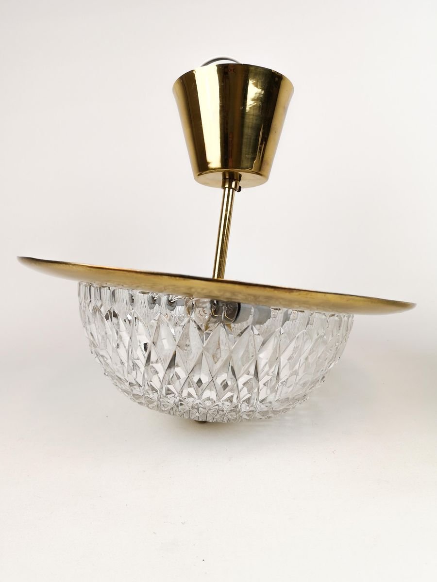 Brass and Crystal Ceiling Lamp by Tyringe Konsthantverk for Orrefors, Sweden,1960s