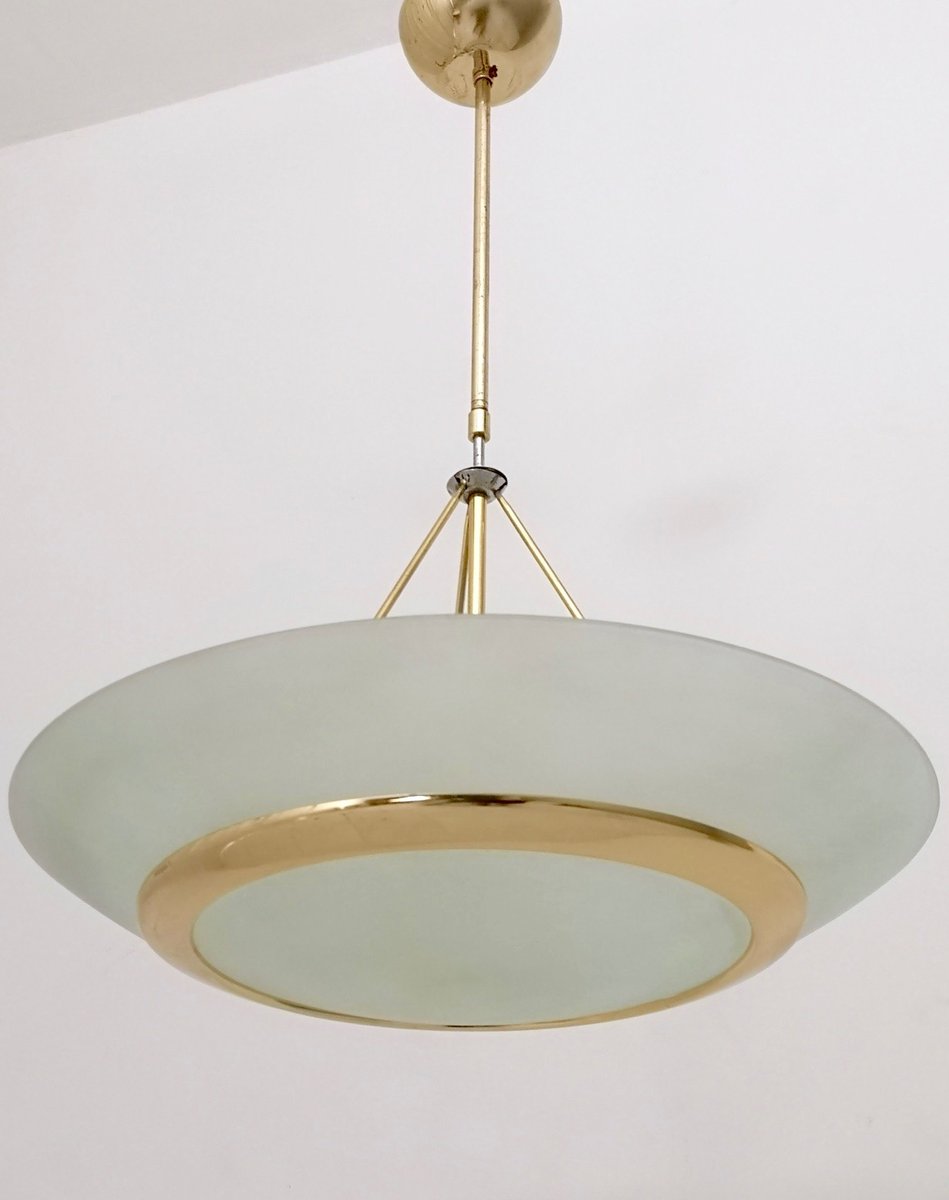 Brass and Etched Glass Bowl Pendant in the style of Fontana Arte, Italy, 1980s