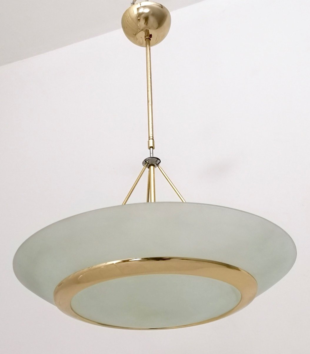 Brass and Etched Glass Bowl Pendant in the style of Fontana Arte, Italy, 1980s