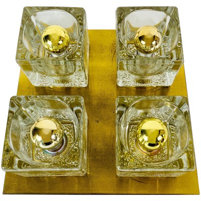 Brass and Frosted Ice Glass Cube Flush Mount from Peill & Putzler, 1970s-PUK-686656