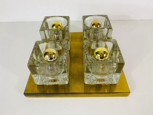 Brass and Frosted Ice Glass Cube Flush Mount from Peill & Putzler, 1970s-PUK-686656