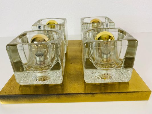 Brass and Frosted Ice Glass Cube Flush Mount from Peill & Putzler, 1970s-PUK-686656