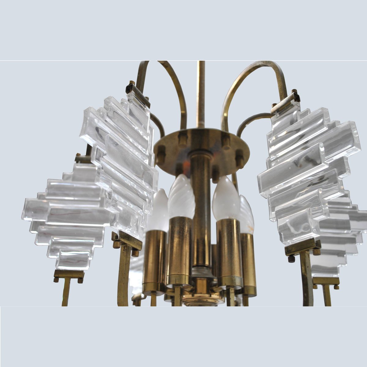 Brass and Glass Ceiling Lamp in the Style of Angelo Brotto, 1950s