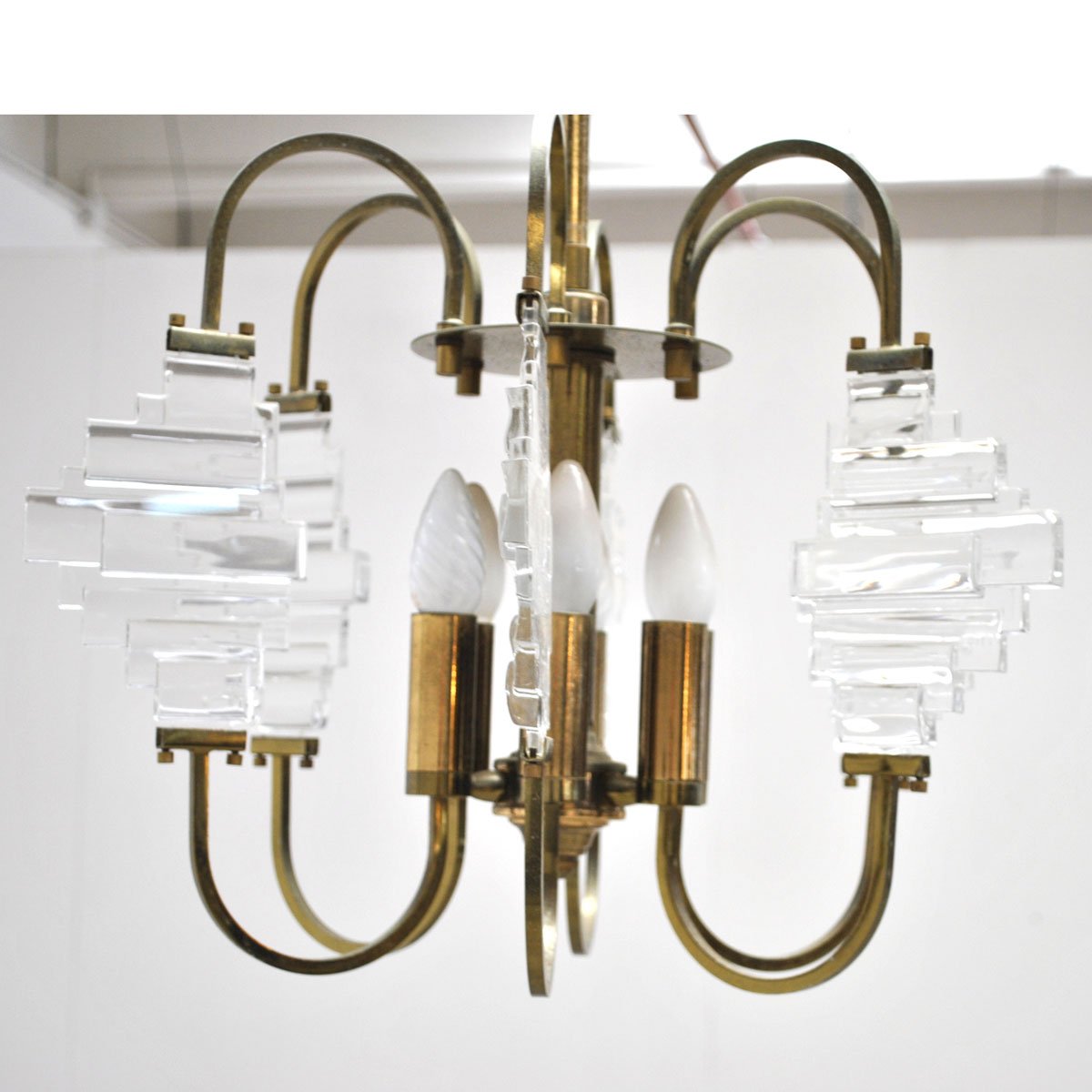 Brass and Glass Ceiling Lamp in the Style of Angelo Brotto, 1950s