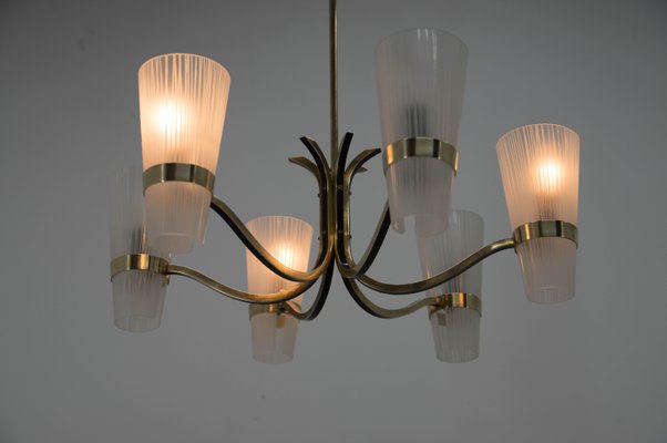 Brass and Glass Chandelier in Lyfa Style, Denmark, 1970s-TZ-999773