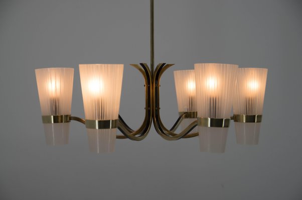 Brass and Glass Chandelier in Lyfa Style, Denmark, 1970s-TZ-999773