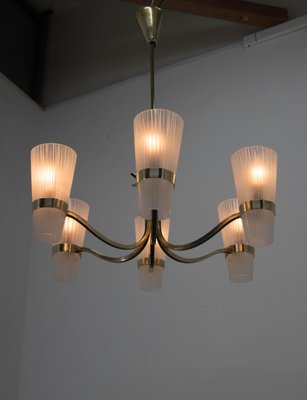 Brass and Glass Chandelier in Lyfa Style, Denmark, 1970s-TZ-999773