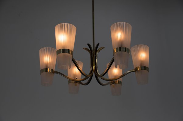 Brass and Glass Chandelier in Lyfa Style, Denmark, 1970s-TZ-999773