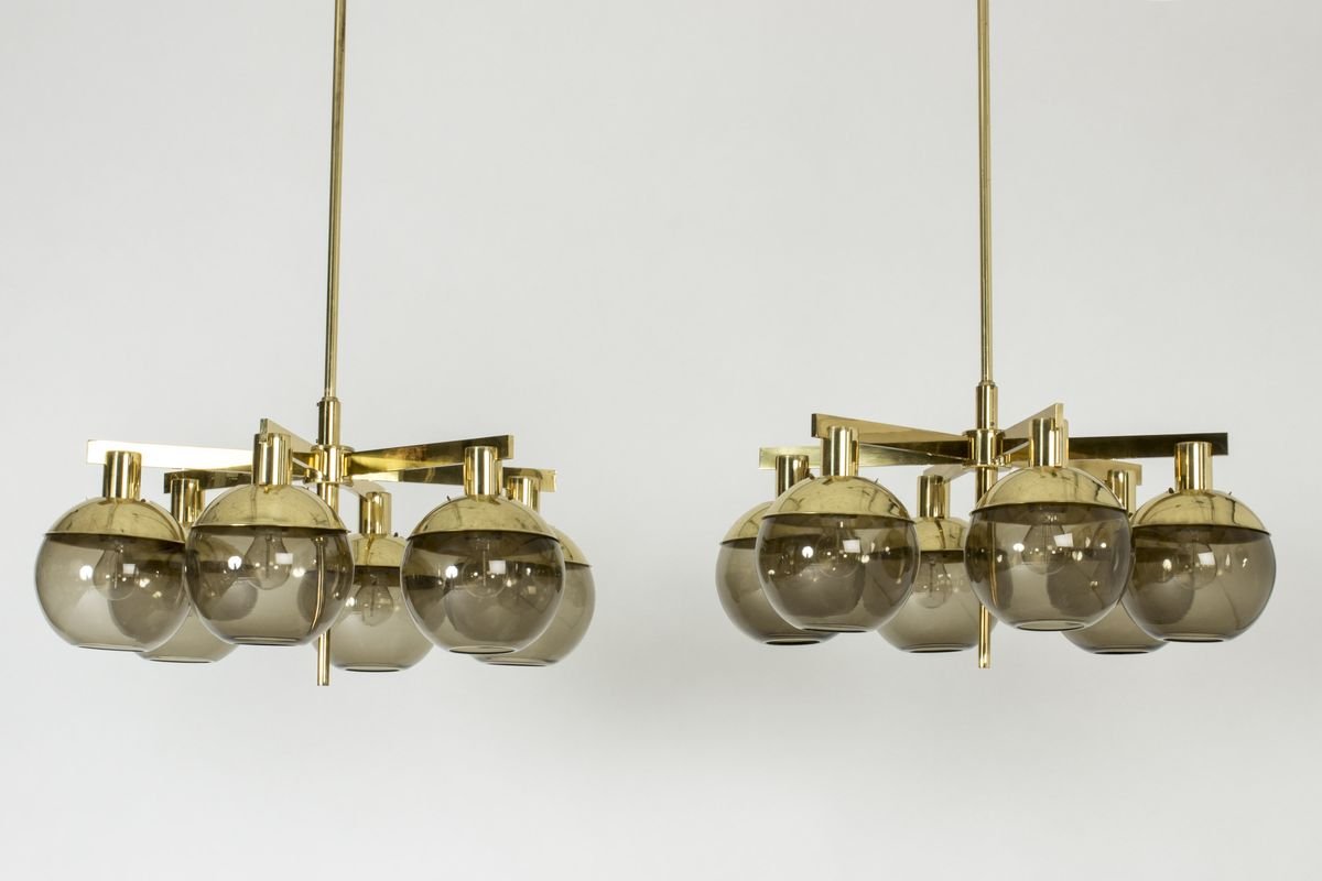 Brass and Glass Chandeliers by Hans-Agne Jakobsson for Hans-Agne Jakobsson AB Markaryd, 1960s, Set of 2