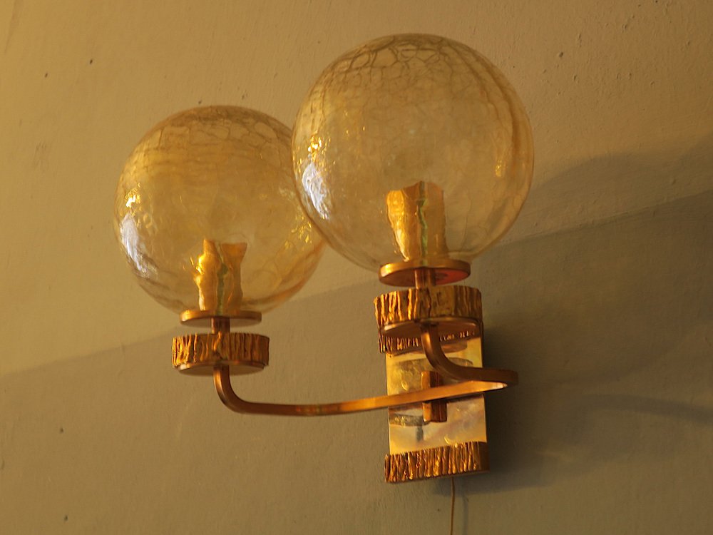 Brass and Glass Double Wall Light with Gold Overlay by Angelo Brotto for Isperia, 1970s