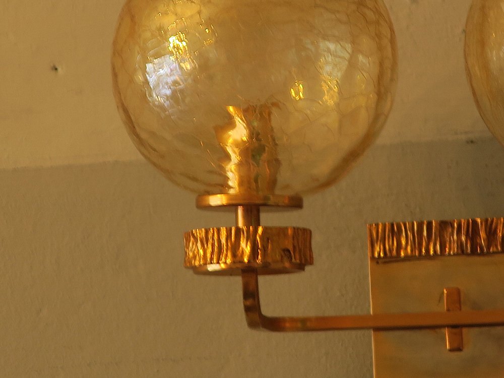 Brass and Glass Double Wall Light with Gold Overlay by Angelo Brotto for Isperia, 1970s