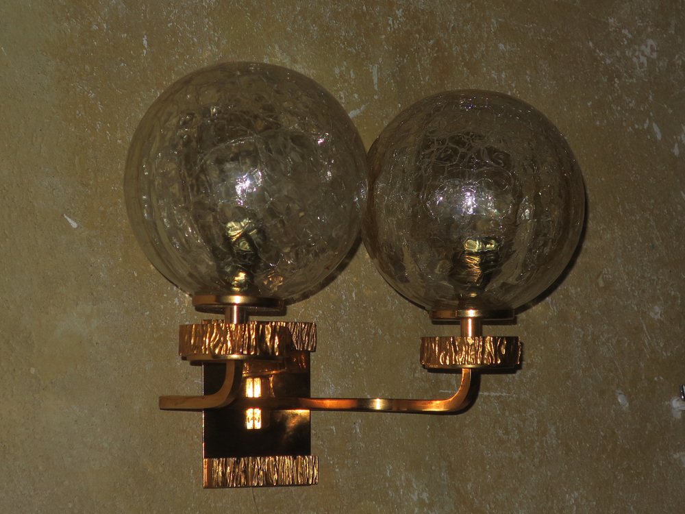 Brass and Glass Double Wall Light with Gold Overlay by Angelo Brotto for Isperia, 1970s