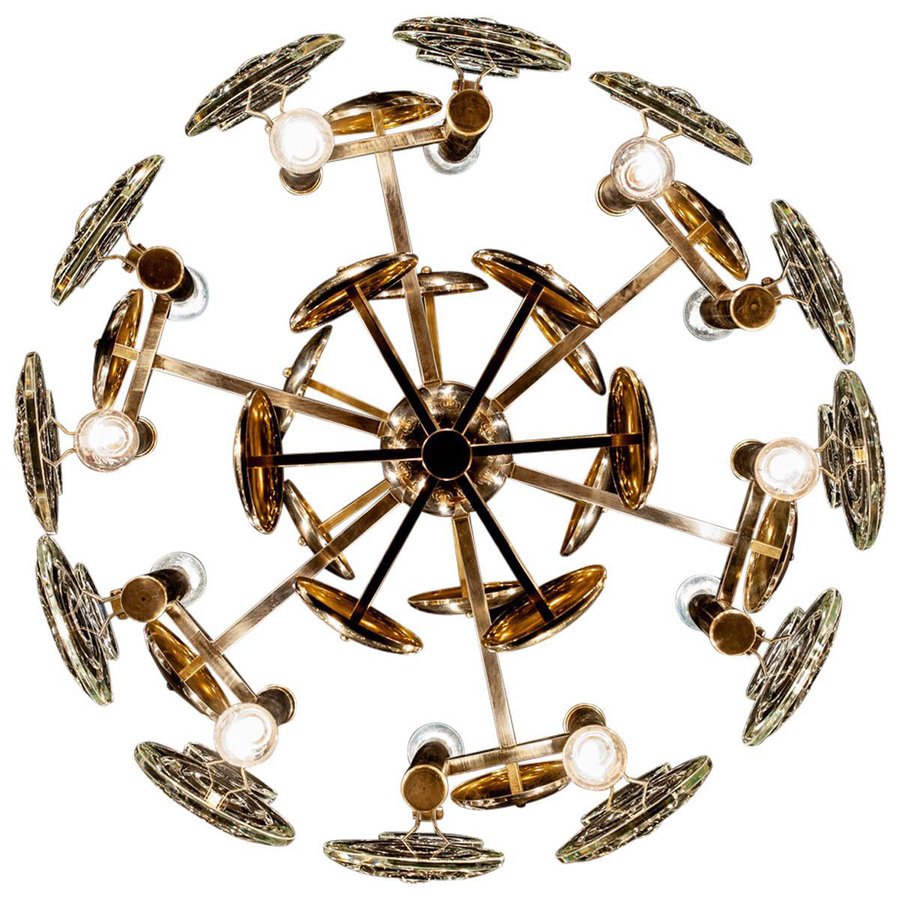 Brass and Glass Lens Chandelier by Gaetano Sciolari, Italy, 1960s