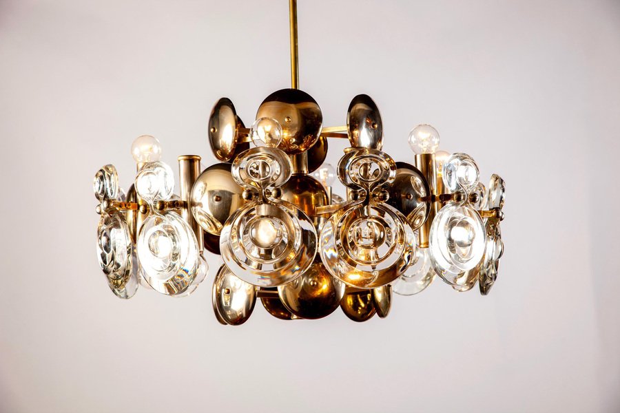 Brass and Glass Lens Chandelier by Gaetano Sciolari, Italy, 1960s