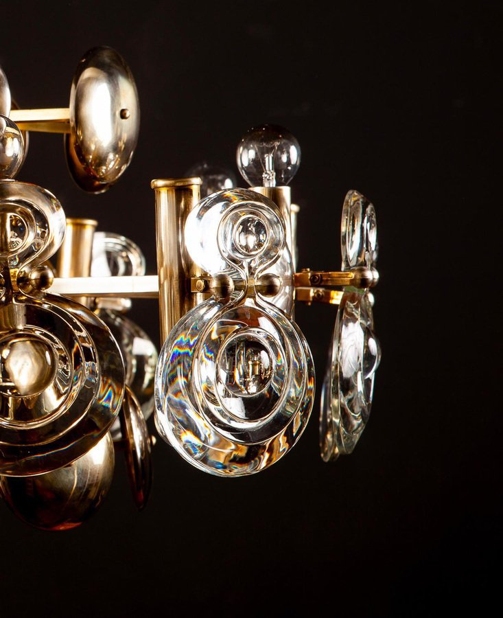 Brass and Glass Lens Chandelier by Gaetano Sciolari, Italy, 1960s