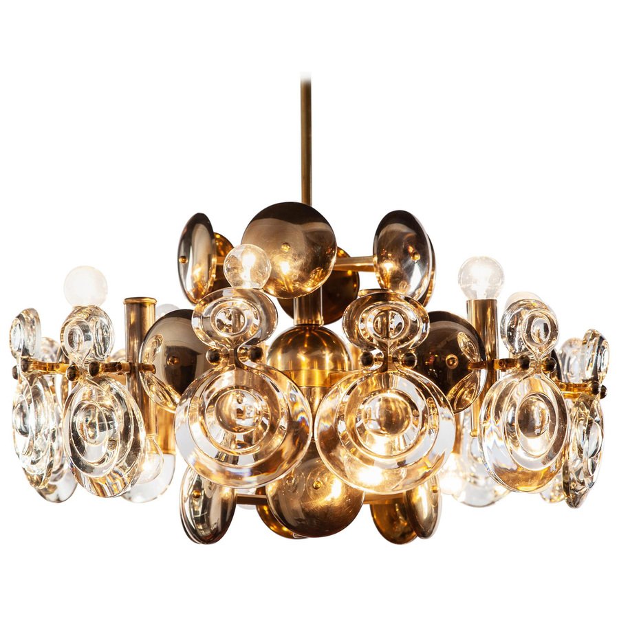 Brass and Glass Lens Chandelier by Gaetano Sciolari, Italy, 1960s