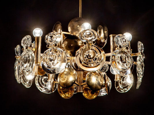 Brass and Glass Lens Chandelier by Gaetano Sciolari, Italy, 1960s