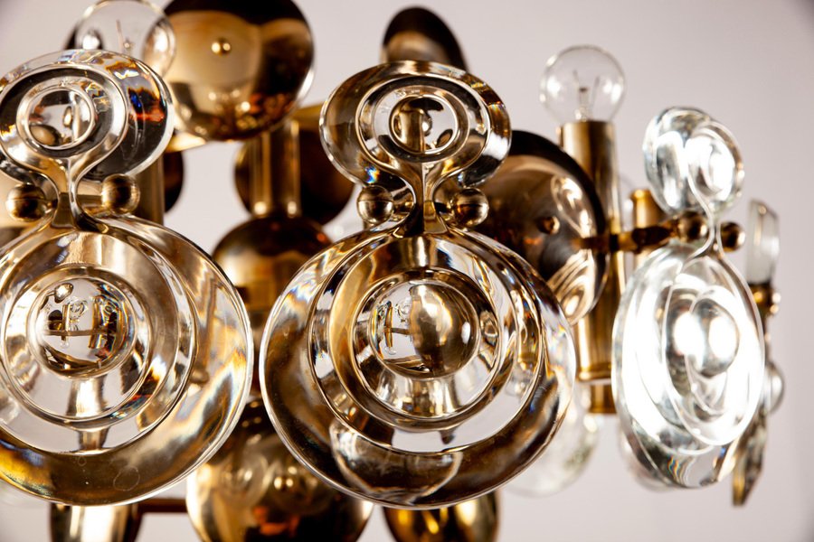 Brass and Glass Lens Chandelier by Gaetano Sciolari, Italy, 1960s