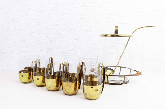 Brass and Glass Orangeade Set, 1960s, Set of 12