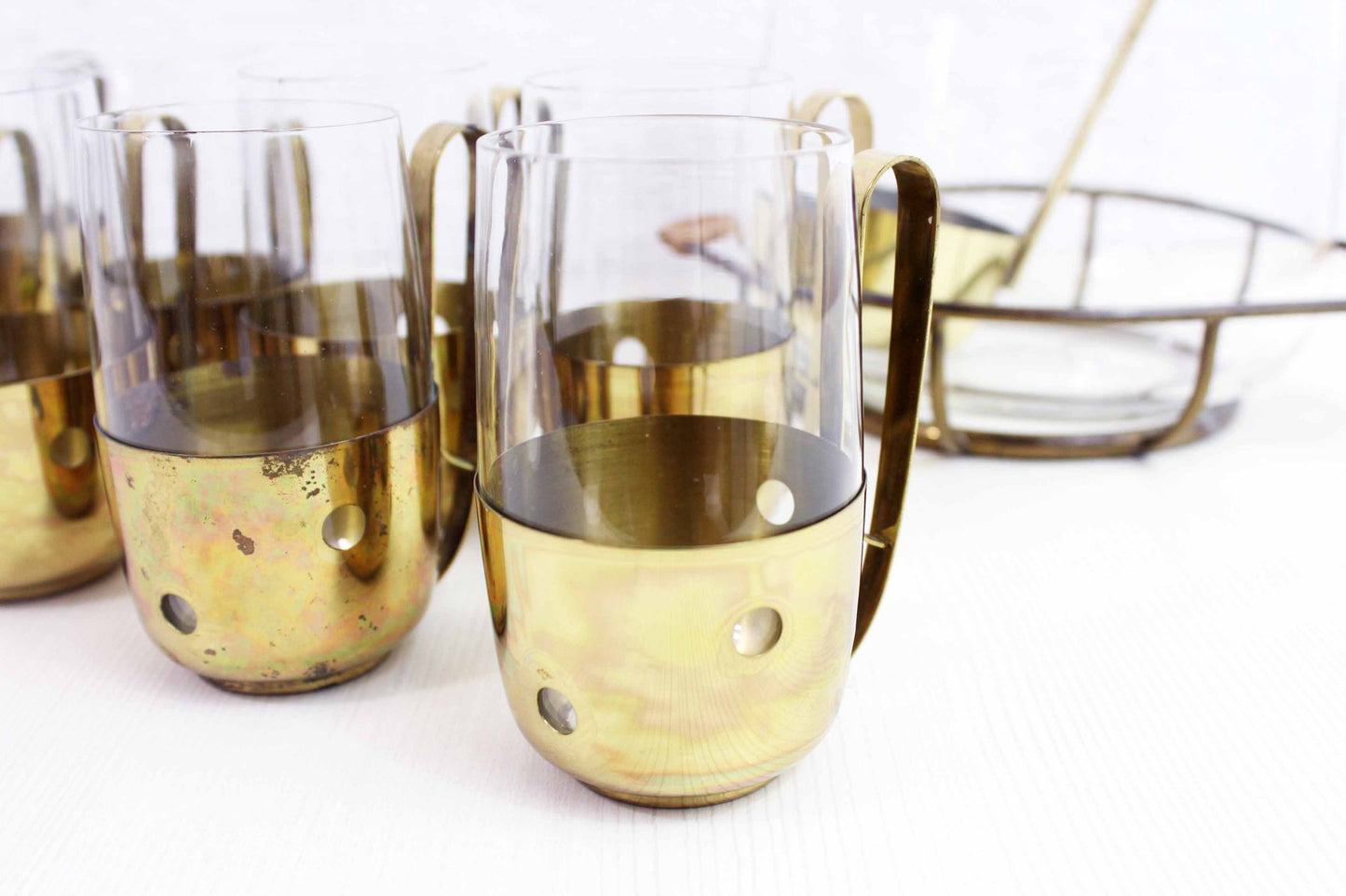 Brass and Glass Orangeade Set, 1960s, Set of 12