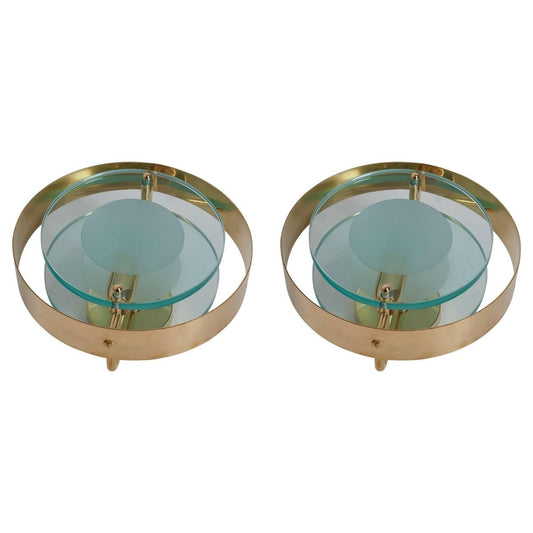 Brass and Glass Sconces in the Manner of Max Ingrand and Fontana Arte, Set of 2