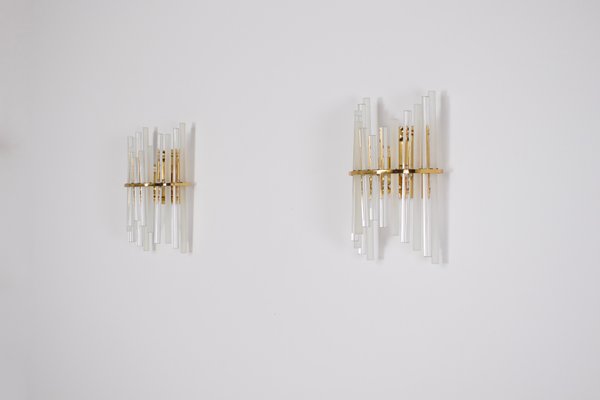 Brass and Glass Wall Lights, 1980s, Set of 2-OWS-1769364