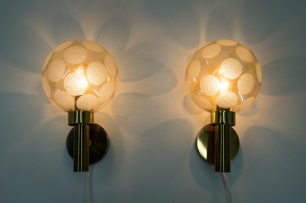 Brass and Glass Wall Lights, Denmark, 1970s, Set of 2-TZ-725059