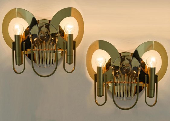 Brass and Glass Wall Sconces by Gaetano Sciolari, 1970s, Set of 2-VDW-884092