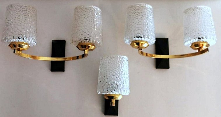 Brass and Half Crystal Sconces in the Style of Maison Arlus, 1957, Set of 3-QRS-821720