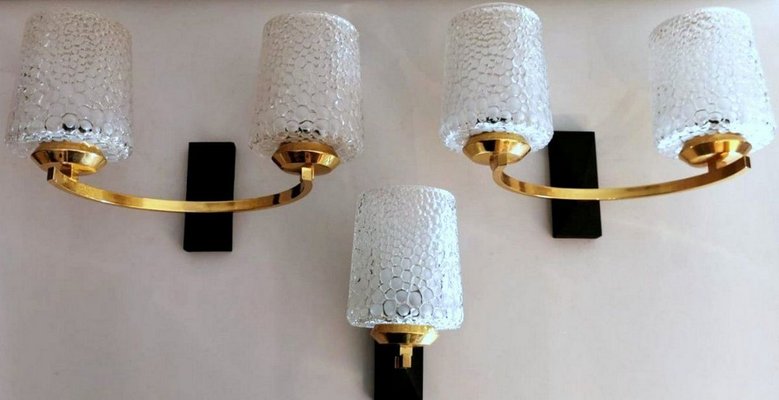 Brass and Half Crystal Sconces in the Style of Maison Arlus, 1957, Set of 3-QRS-821720