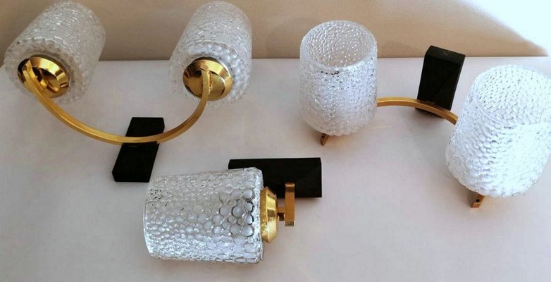 Brass and Half Crystal Sconces in the Style of Maison Arlus, 1957, Set of 3-QRS-821720