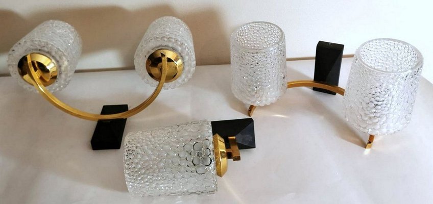 Brass and Half Crystal Sconces in the Style of Maison Arlus, 1957, Set of 3-QRS-821720