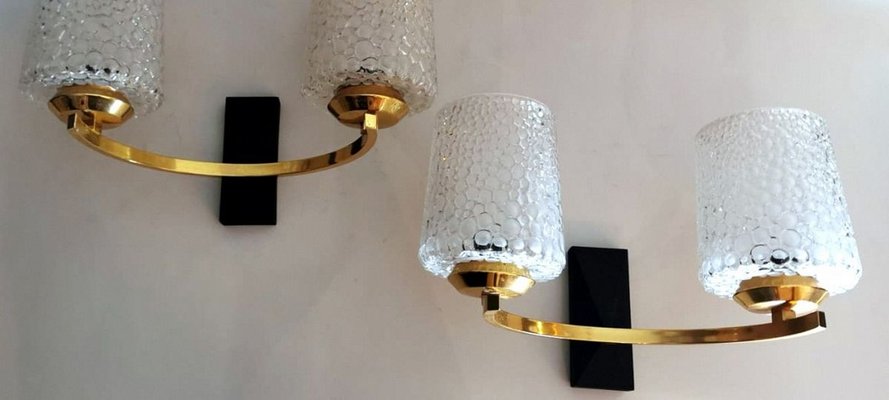 Brass and Half Crystal Sconces in the Style of Maison Arlus, 1957, Set of 3-QRS-821720