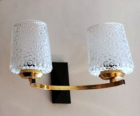 Brass and Half Crystal Sconces in the Style of Maison Arlus, 1957, Set of 3-QRS-821720