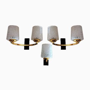 Brass and Half Crystal Sconces in the Style of Maison Arlus, 1957, Set of 3-QRS-821720