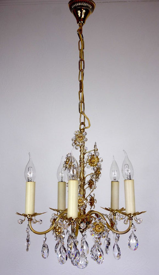 Brass and Lead Crystal Chandelier with Flowers from Ernst Palme, 1960s