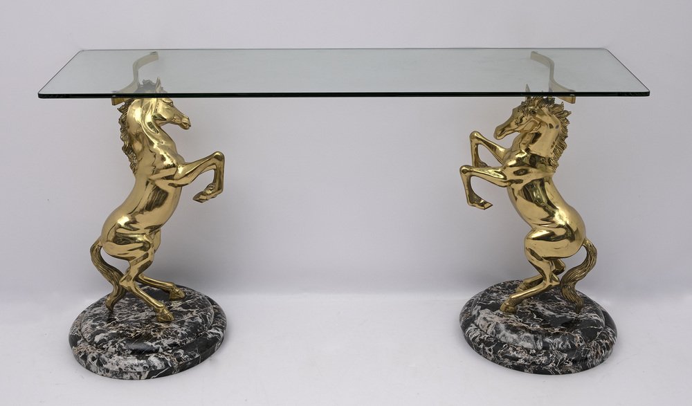 Brass and Marble Base Console Table with Horses, Italy, 1970