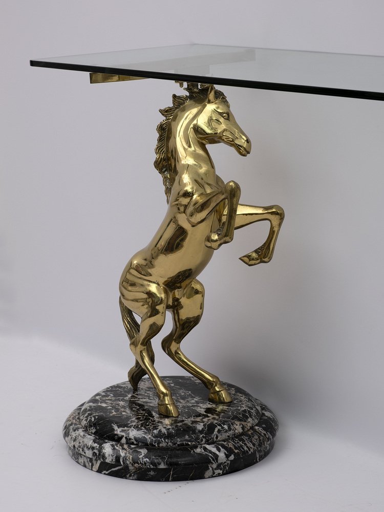 Brass and Marble Base Console Table with Horses, Italy, 1970