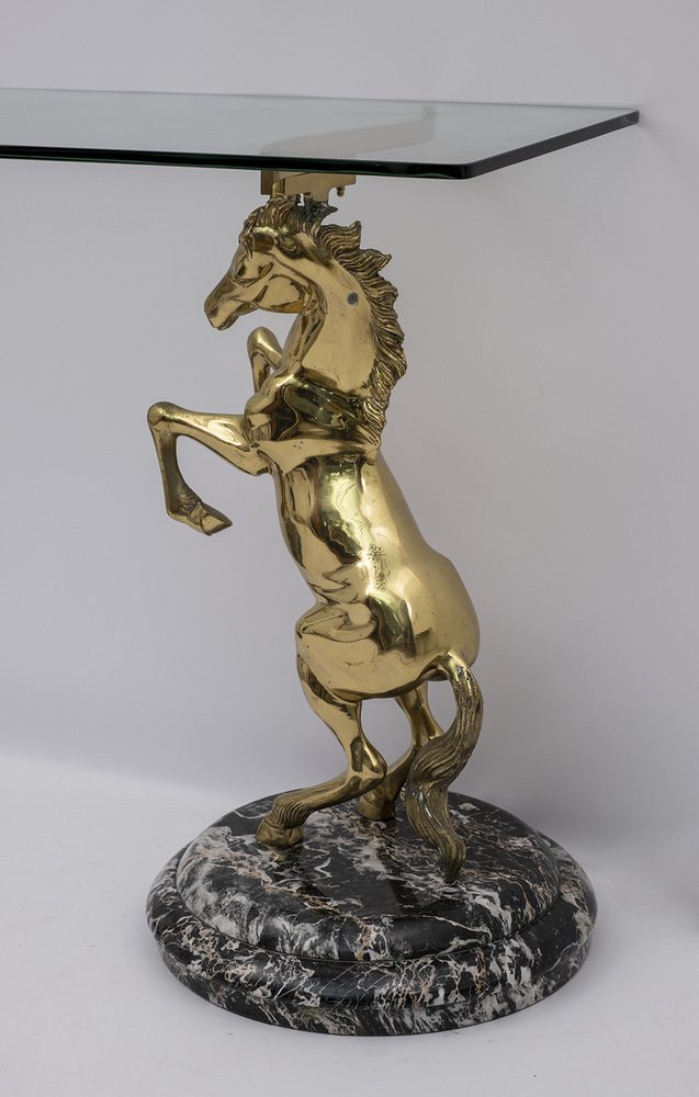 Brass and Marble Base Console Table with Horses, Italy, 1970