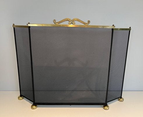 Brass and Mesh Fire Screen, 1970s-BA-1483484