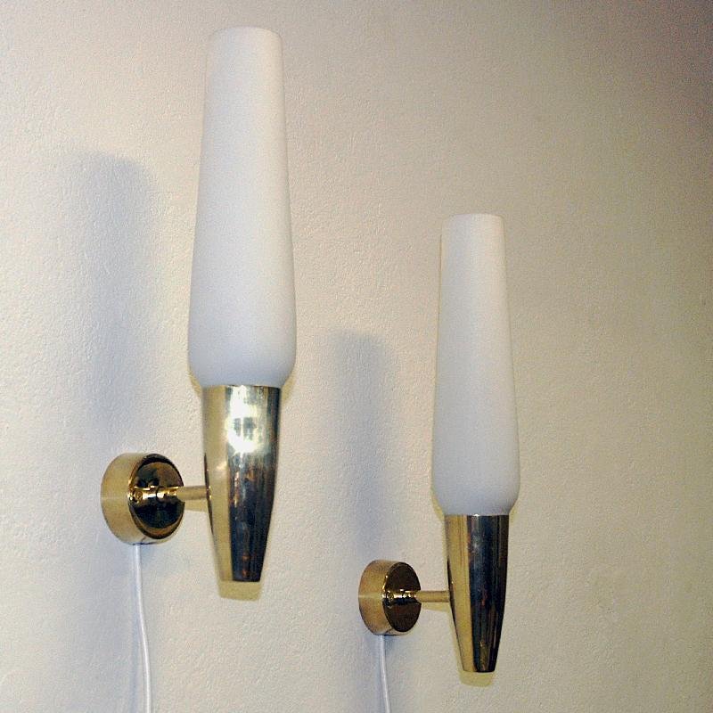 Brass and Opaline Glass Cylinder Wall Lamps from Asea, Sweden, 1950s, Set of 2