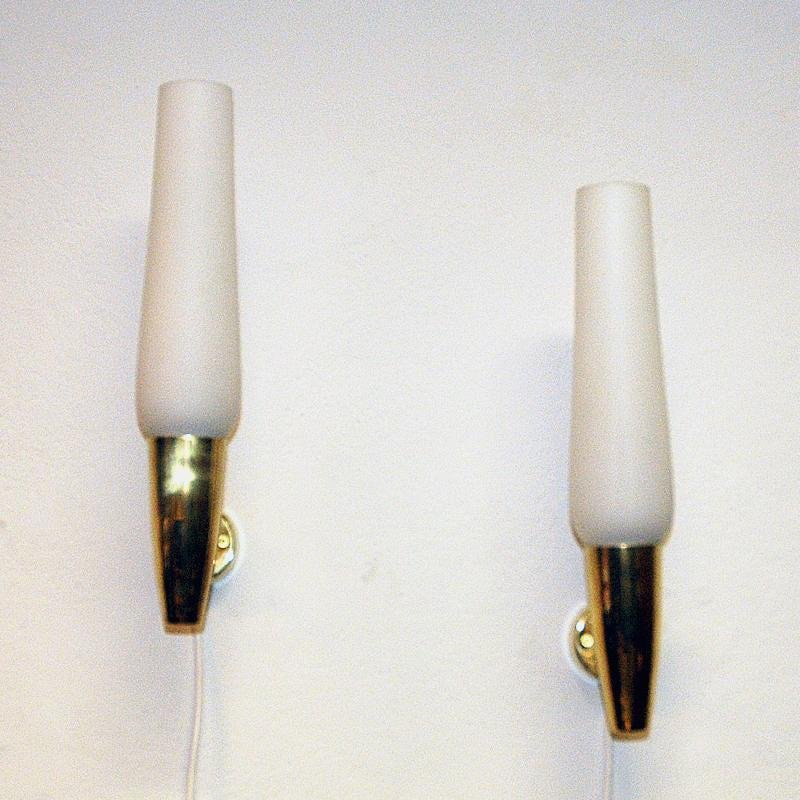 Brass and Opaline Glass Cylinder Wall Lamps from Asea, Sweden, 1950s, Set of 2