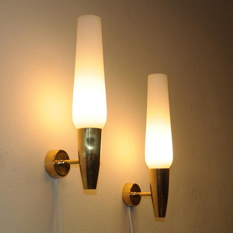 Brass and Opaline Glass Cylinder Wall Lamps from Asea, Sweden, 1950s, Set of 2