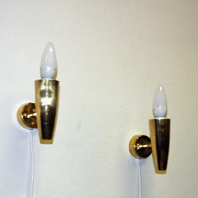 Brass and Opaline Glass Cylinder Wall Lamps from Asea, Sweden, 1950s, Set of 2